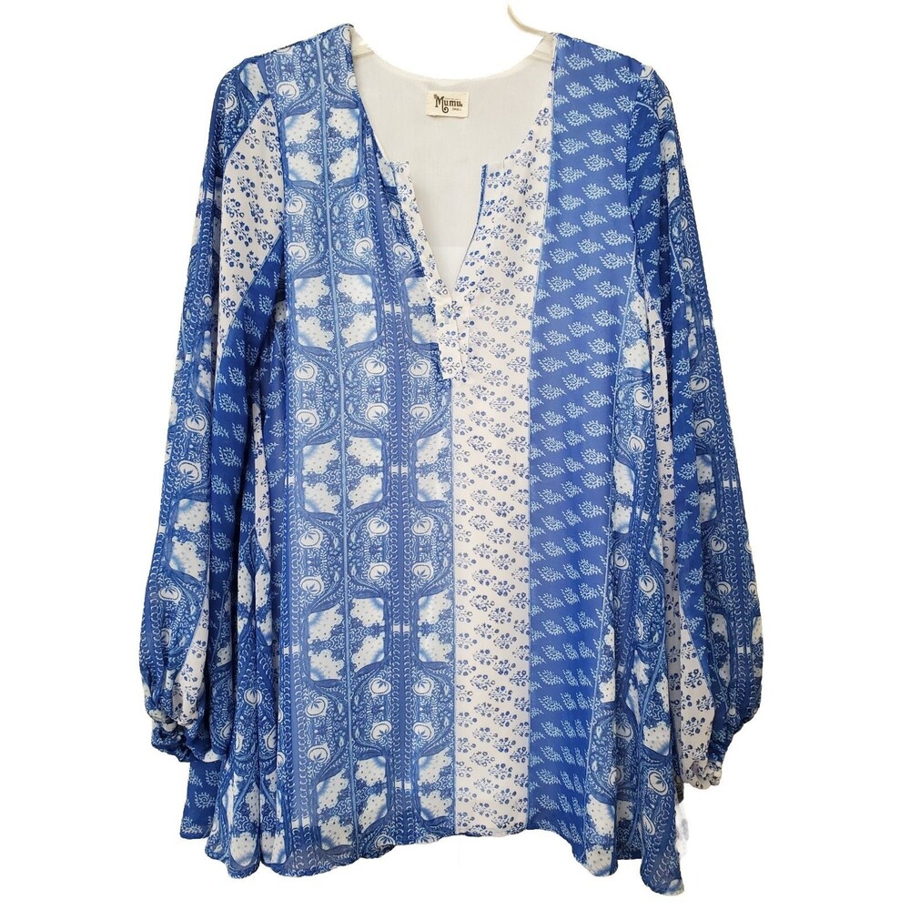 Show Me Your Mumu Jamie Tunic Size Small Split Neck Elastic Cuff Mixed Pattern